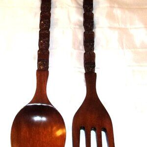 Pair Vintage Mid-Century Large 41" Teak Totem Pole Fork / Spoon